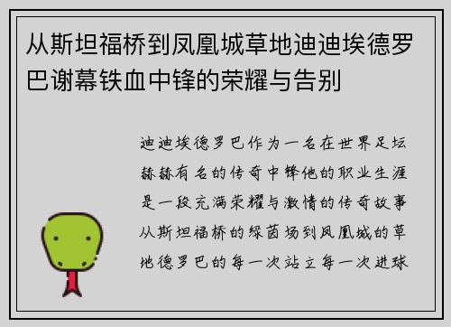 从斯坦福桥到凤凰城草地迪迪埃德罗巴谢幕铁血中锋的荣耀与告别 从斯坦福桥到凤凰城草地迪迪埃德罗巴谢幕铁血中锋的荣耀与告别